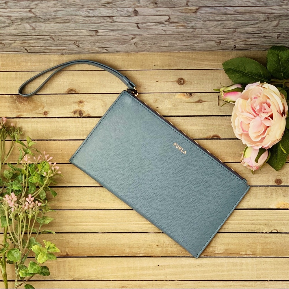 Furla GENUINE Leather Gray Blue Wristlet Clutch